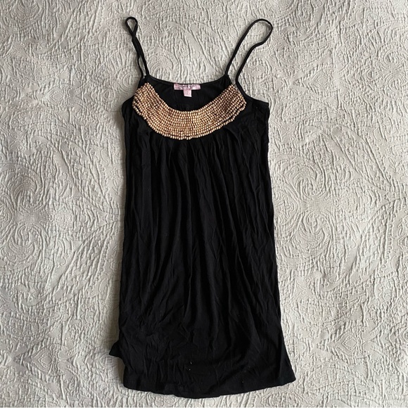 Romeo & Juliet Couture Tops - Black Long Tank Top Wood Beaded Neckline Size Medium Spaghetti Strap Tank Tunic